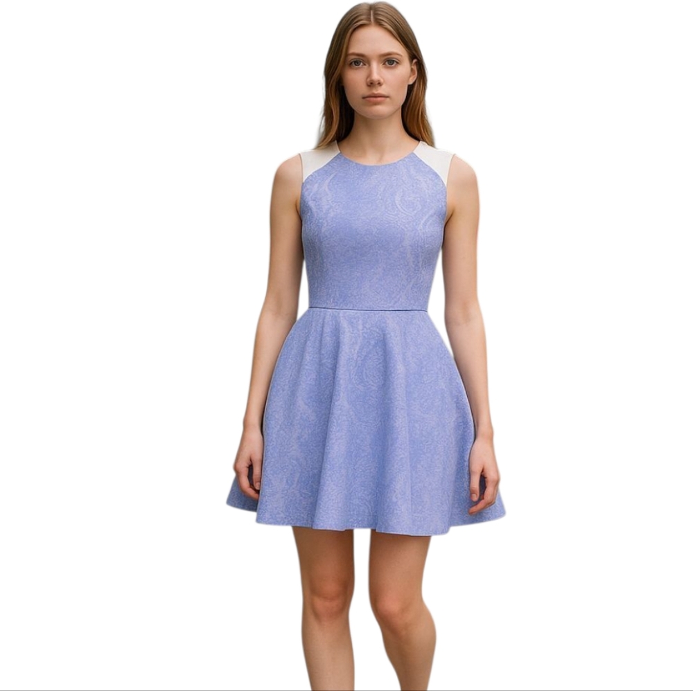 NWT BEBE Purple Blue and White Halter Bonded Lace Fit and Flare Dress MED